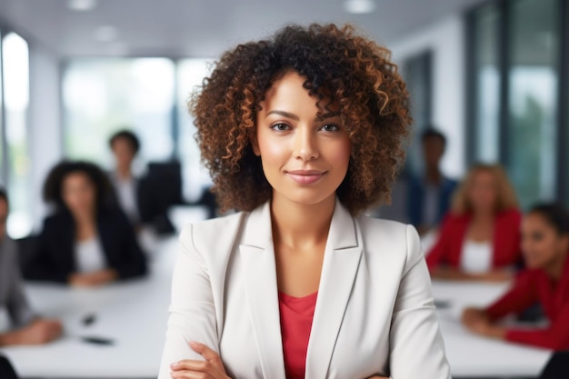 Poderosa directora ejecutiva con cabello rubio corto dirigiendo con confianza una reunión diversa en la sala de juntas en la oficina que simboliza la creciente presencia de mujeres en las principales posiciones ejecutivas.