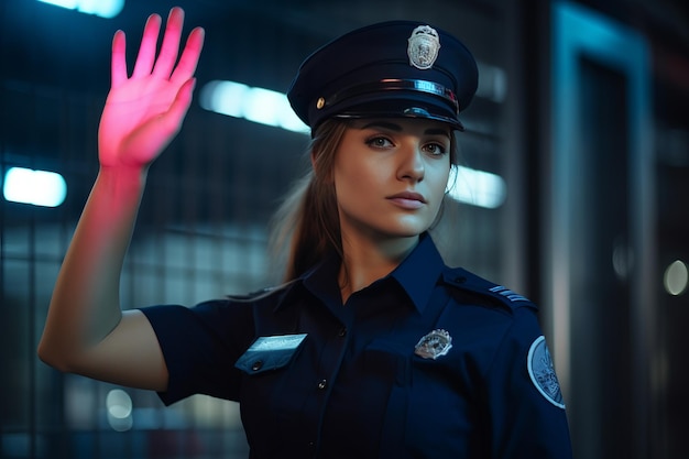 Foto poderosa guardia de seguridad femenina afirmando el control con un gesto de parada al aire libre ar 32