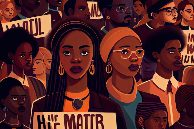 Poderosa ilustración del movimiento Black Lives Matter que protesta contra la injusticia racial y busca la igualdad Diversos manifestantes salen a las calles para exigir justicia e igualdad de derechos