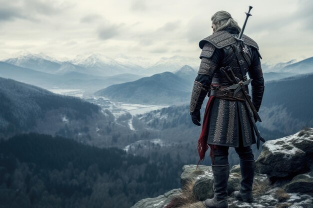 Una poderosa imagen de un hombre parado en la cima de una montaña sosteniendo una espada. Esta imagen puede usarse para representar la fuerza, la determinación y la conquista de desafíos.