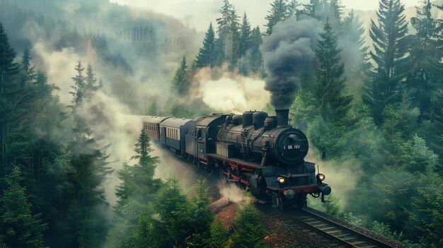 La poderosa locomotora de vapor tira del pesado tren a través del denso bosque el tren está rodeado de altos árboles y una espesa niebla