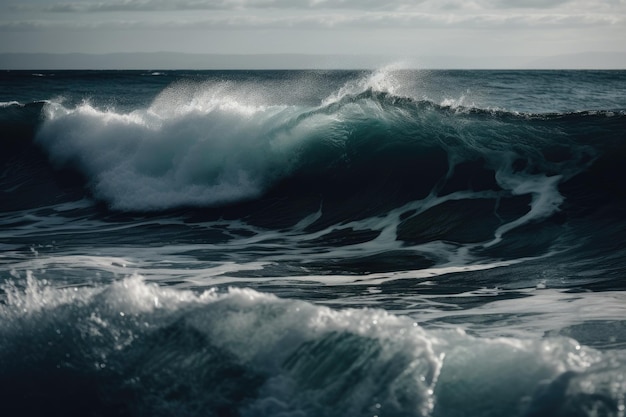 Poderosa ola oceánica bajo cielos tormentosos IA generativa