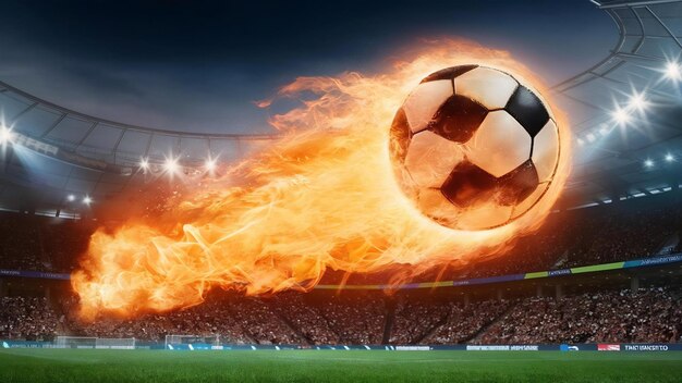 Una poderosa pelota de fútbol de fuego sale de un estadio