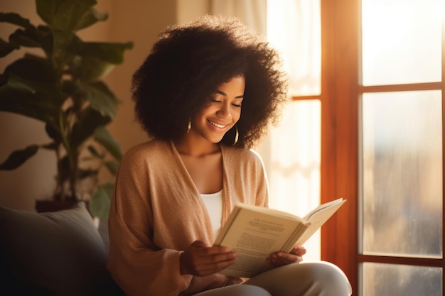 Poderosa y radiante una mujer afroamericana abrazando el conocimiento y la alegría en la comodidad de su H