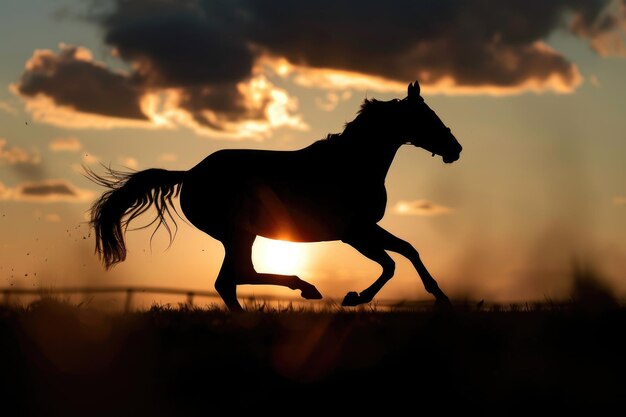 Una poderosa silueta de un caballo corriendo en un campo perfecto para la naturaleza y los diseños temáticos de animales