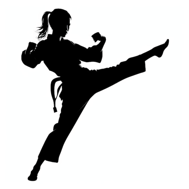 La poderosa silueta de una chica de Taekwondo que patea alto en un impactante clipart