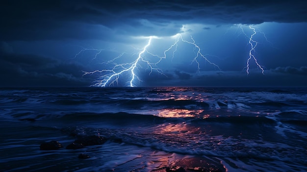 Una poderosa tormenta de relámpagos iluminando el cielo nocturno sobre un cuerpo de agua sereno