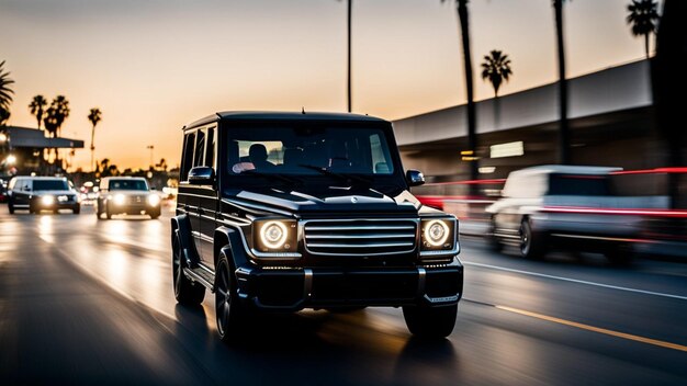 Poderosa velocidade de SUV de luxo alemão em movimento na hora dourada da rua urbana na Califórnia, panorâmica em Los Angeles
