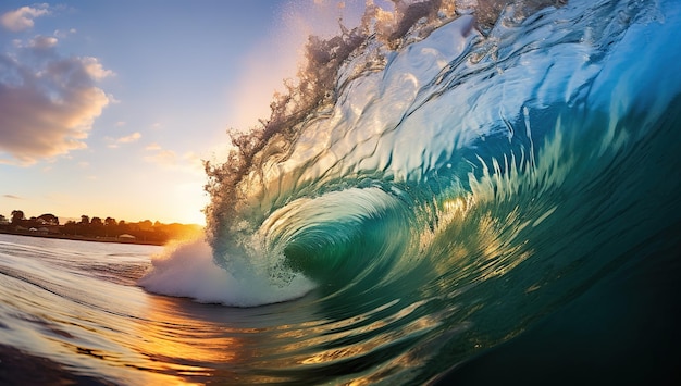 Poderosas ondas do mar espumosas rolam e espirram sobre a superfície da água contra um céu azul nublado