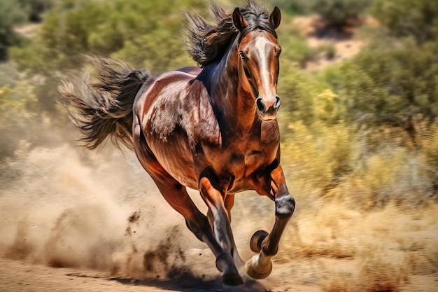 Foto un poderoso caballo marrón está corriendo.