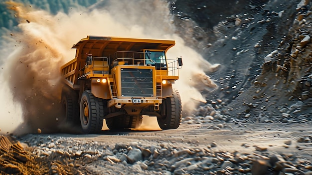 Un poderoso camión amarillo de minería acelerando por el camino de grava pateando una nube de polvo en un remoto sitio de construcción