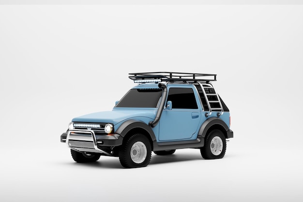 Un poderoso coche Offroad azul 4x4 safari expedición offroader vista lateral ilustración 3D
