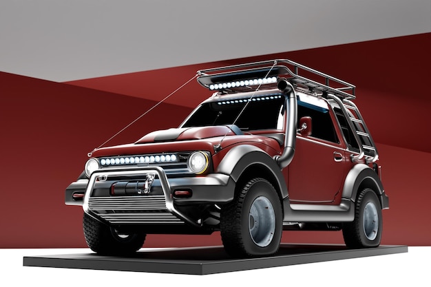 Un poderoso coche Offroad burdeos 4x4 safari expedición offroader vista frontal ilustración 3D