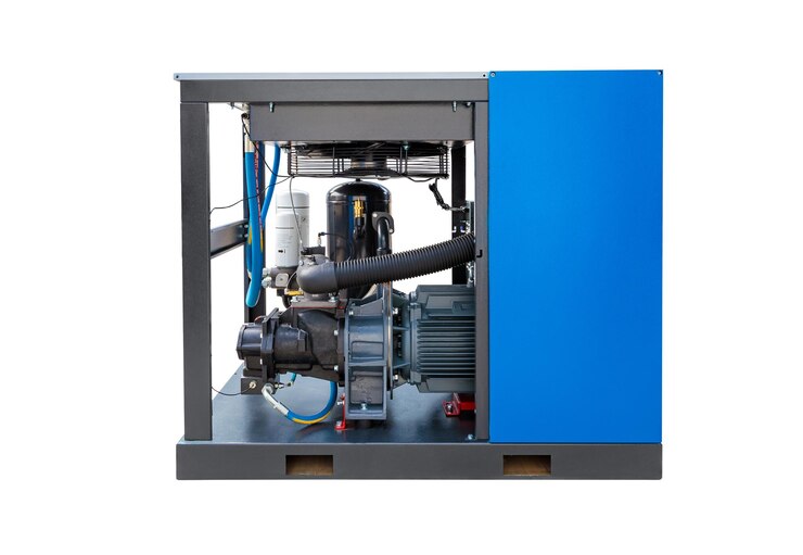 Foto poderoso compressor de ar industrial com componentes internos e painel azul