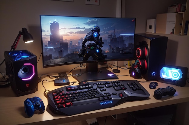 Poderoso computador pessoal gamer pc configuração sala aconchegante com luz neon de design moderno