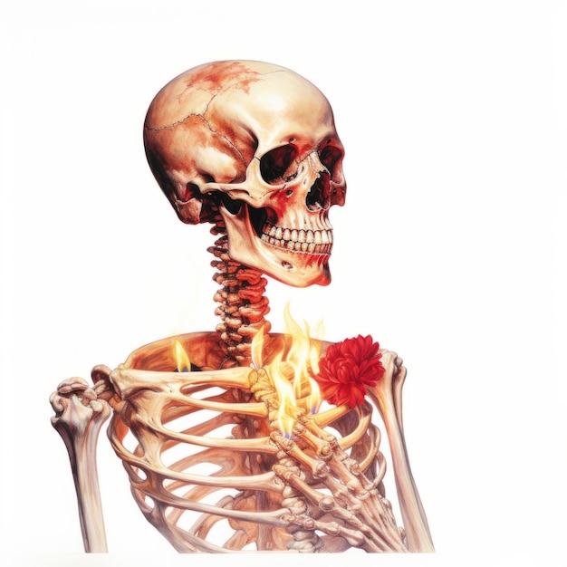 Poderoso y emotivo retrato hiperrealista de esqueleto con flor en llamas