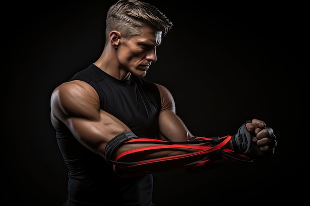 Poderoso fisiculturista esculpiendo músculos maciços do braço com treinamento de banda de resistência