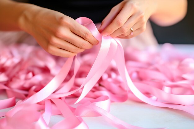 Foto un poderoso gesto de solidaridad una mujer teje delicadamente una cinta rosa recordando la importancia de la detección temprana del cáncer de mama la prevención es nuestro escudo contra el cáncer de mama