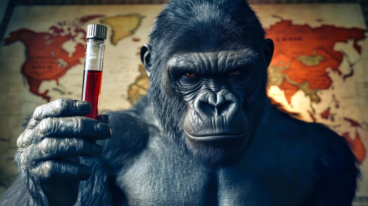 Foto un poderoso gorila extiende su mano presentando un tubo de ensayo con líquido rojo colocado contra un mapa del mundo de color oscuro que destaca un tema de epidemia