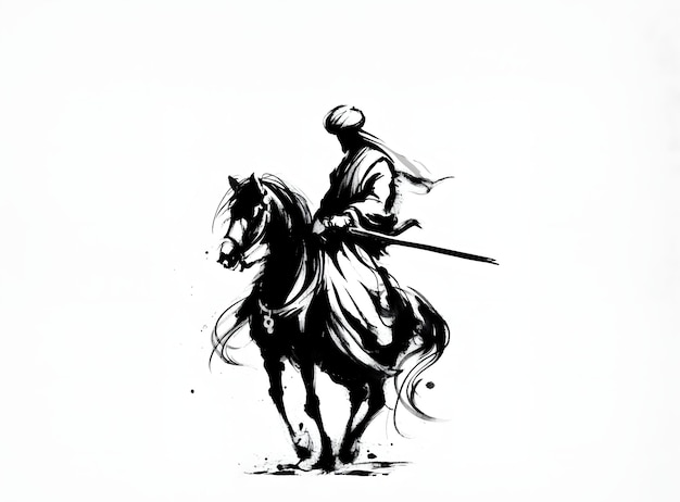Poderoso hombre sufí vectorial a caballo con espadachín en un simple estilo de pintura con tinta negra