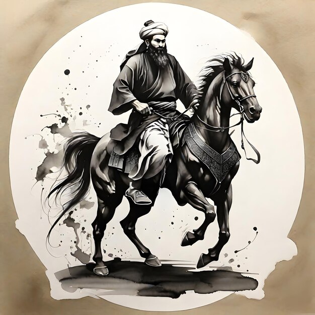 Poderoso homem sufi vetor a cavalo com espadachim em estilo simples de pintura com tinta preta