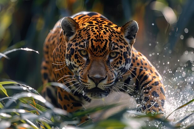 Un poderoso jaguar acechando a través de la selva