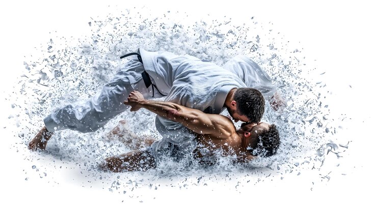 Foto poderoso lançamento de judô em aquarela de técnica de artes marciais