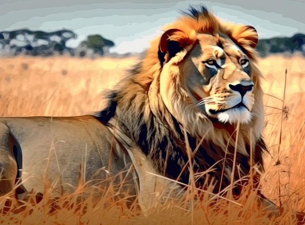 Poderoso Leão observando as leoas que estão prontas para a caça em Masai Mara Quênia