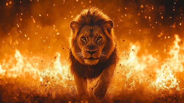 un poderoso león camina a través del fuego