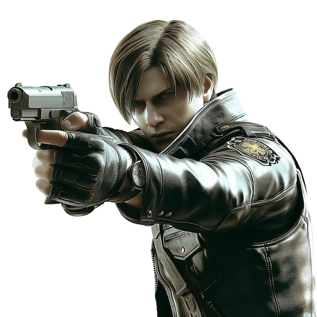 Poderoso Leon S. Kennedy Resident Evil isolado em fundo branco