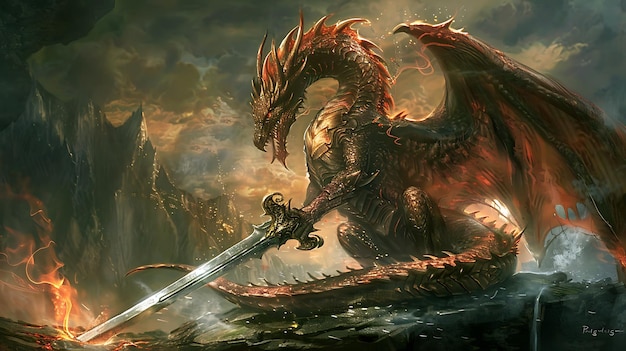 Un poderoso y majestuoso dragón se sienta en una percha rocosa sus alas extendidas y su cola enroscada alrededor de su cuerpo