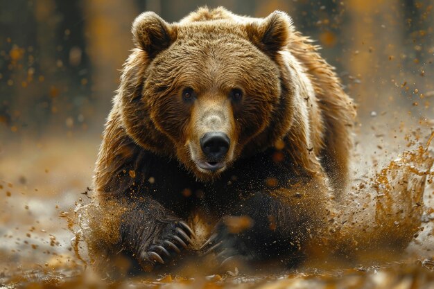 Un poderoso oso en movimiento capturado con un fondo borroso para una sensación de velocidad y energía