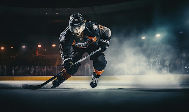 Foto el poderoso patinador un jugador de hockey dinámico mostrando habilidades y potencia en el hielo