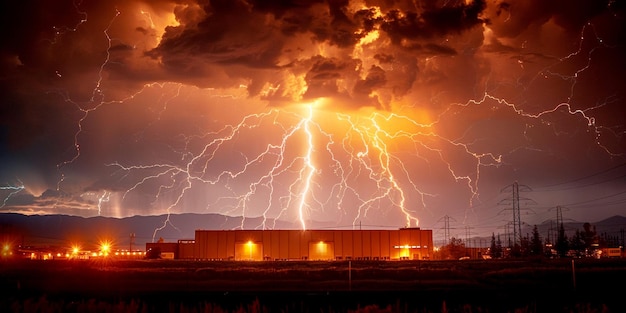 Foto un poderoso rayo atravesando el cielo golpeando detrás de un edificio de almacén