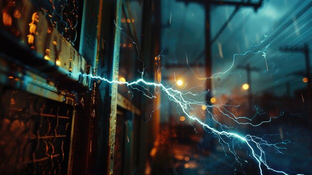 Un poderoso rayo golpeando una valla de metal durante una tormenta
