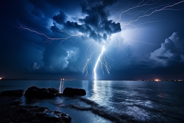 Un poderoso rayo ilumina el cielo oscuro en el hipnotizante horizonte del inmenso mar.