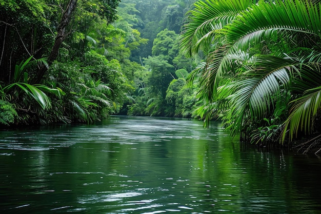 Un poderoso río atraviesa un denso bosque rodeado de árboles altos un río brillante bordeado de vegetación exuberante en la selva tropical generado por la IA