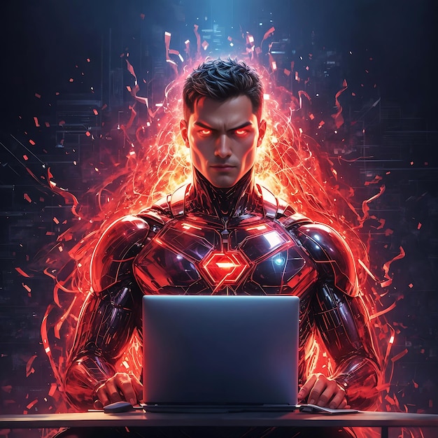 Un poderoso Super Codificador rodeado por un mar de código con un aura roja brillante que irradia