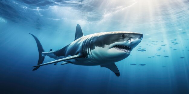 Foto el poderoso tiburón blanco en las aguas azules