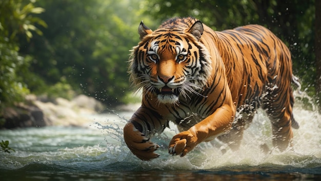 Un poderoso tigre corre con gracia sobre el agua rodeado por la exuberante vegetación del bosque