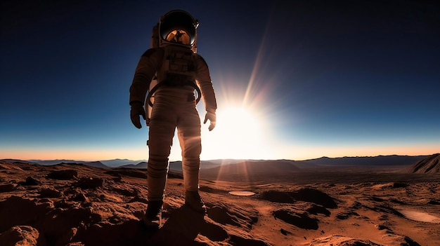 Foto un poderoso tiro de ángulo bajo de un astronauta recortado contra la atmósfera marciana y la tierra