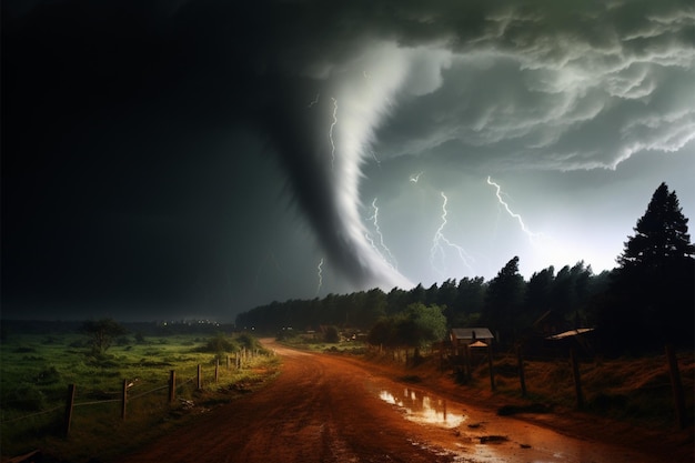 Foto poderoso tornado, una fuerza de la naturaleza, energía feroz y destructiva.