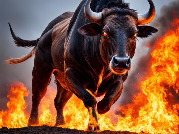 Un poderoso toro teñido de nuevo se mantiene intrépido listo para cualquier cosa con una feroz explosión de fuego
