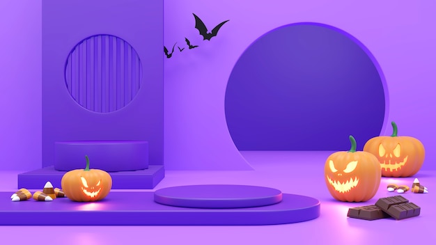 Podest-Podest auf orangem Hintergrund. , Halloween-Produktförderung. Abstrakte gespenstische Wiedergabe 3D.