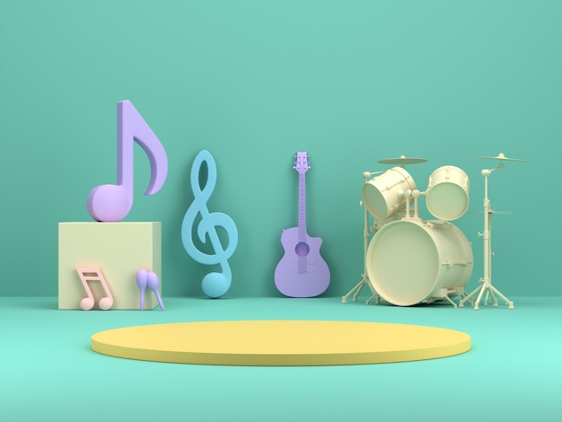 Podeste für Produktshow mit farbenfrohem 3D-Rendering von Musikinstrumenten