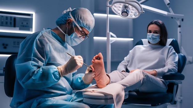 Foto podiatra que trata los pies durante el procedimiento