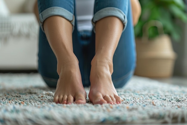 Foto podiatría molestias en los pies mujeres que experimentan dolor en los pies en el hogar inflamación de las articulaciones generativo ai