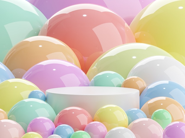 Foto podiem redondo blanco rodeado de coloridas bolas brillantes 3d render