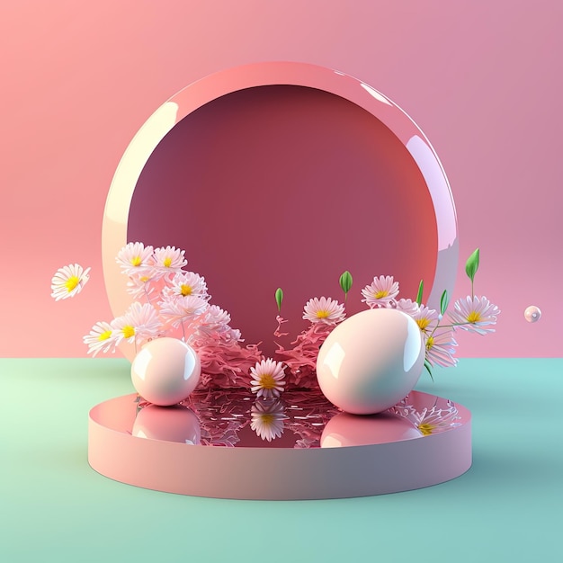 Podio 3D brillante con huevos y flores para exhibición de productos de Pascua