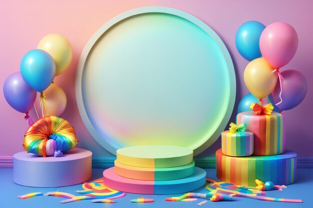 Pódio 3D com caixa de presentes de arco-íris e balão